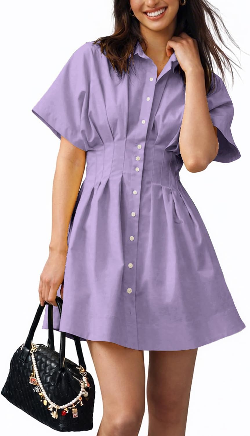 Collared Button-Down Mini Shirt Dress in Purple