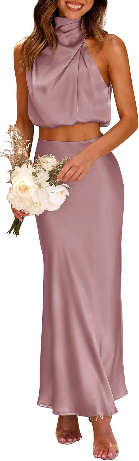 Satin Mock-Neck Crop Top and Maxi Skirt Set in Dusty Pink