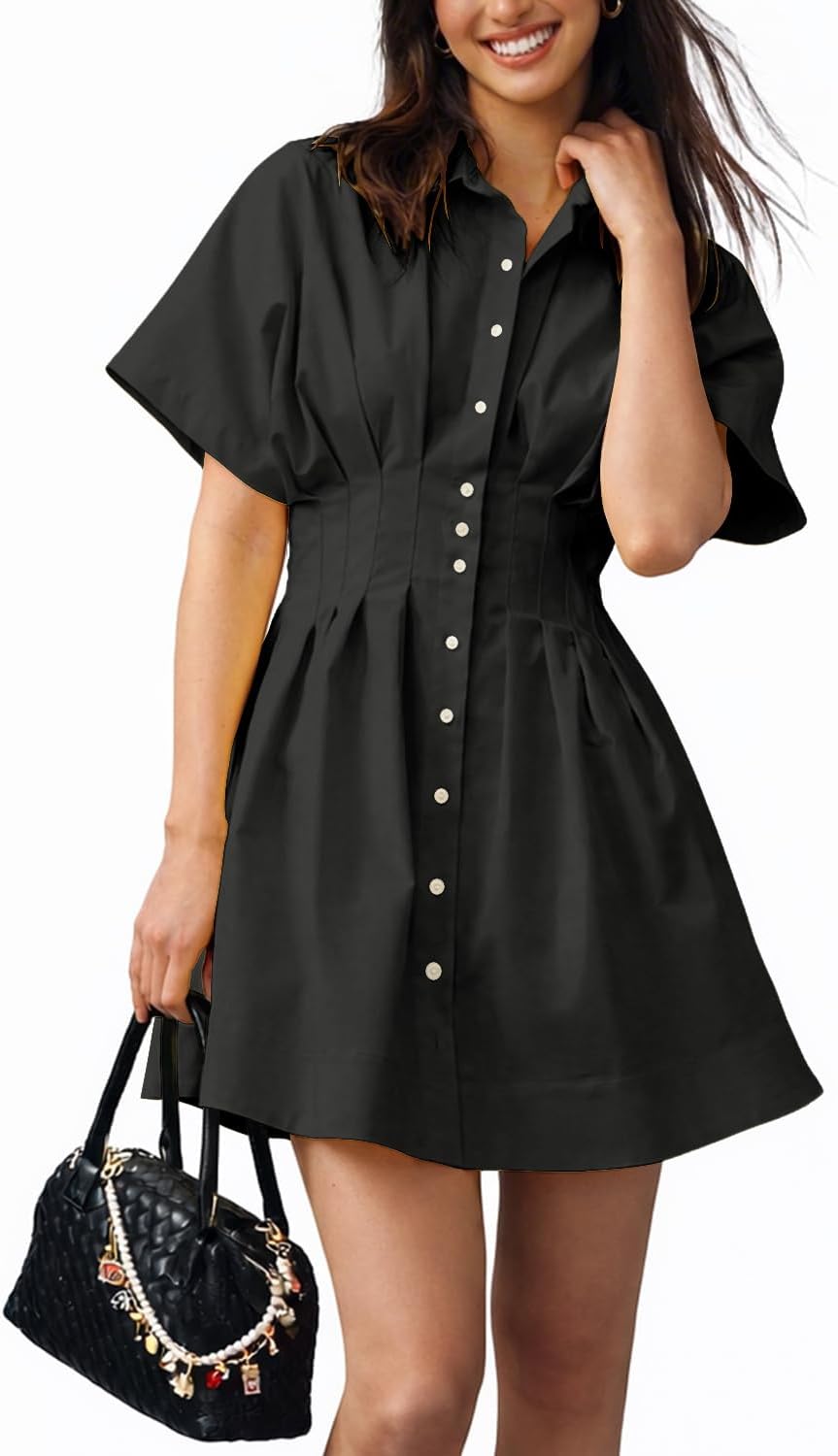 Collared Button-Down Mini Shirt Dress in Black