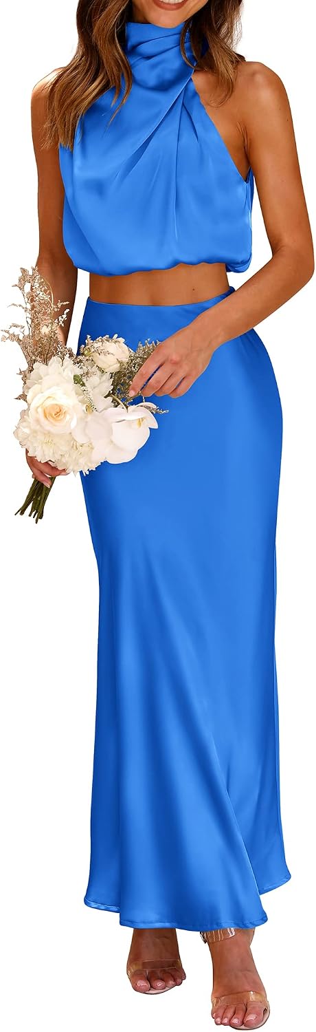 Satin Mock-Neck Crop Top and Maxi Skirt Set in Brilliant Blue