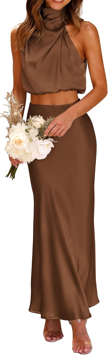Satin Mock-Neck Crop Top and Maxi Skirt Set in Khaki