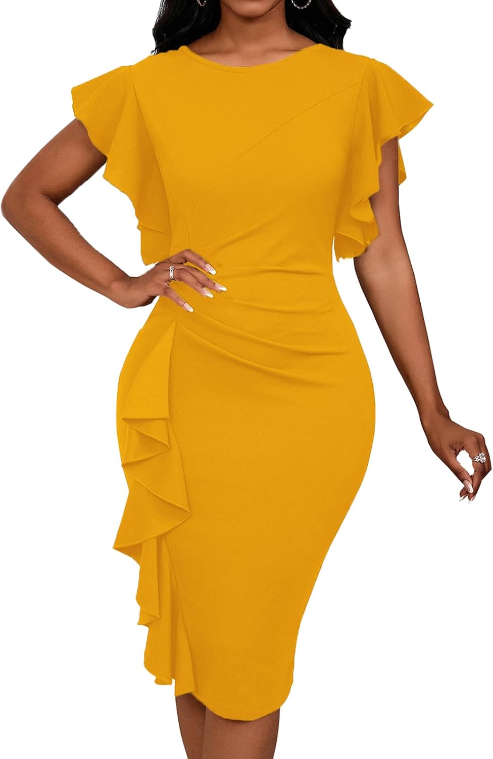 Ruffle-Sleeve Crew-Neck Pencil Midi Dress in Yellow