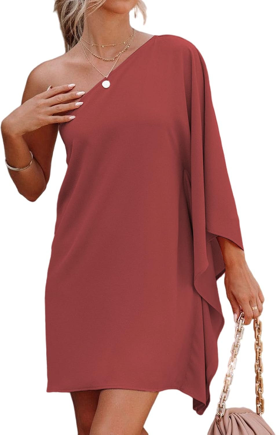 One-Shoulder Batwing-Sleeve Short Cocktail Dress in Mauve