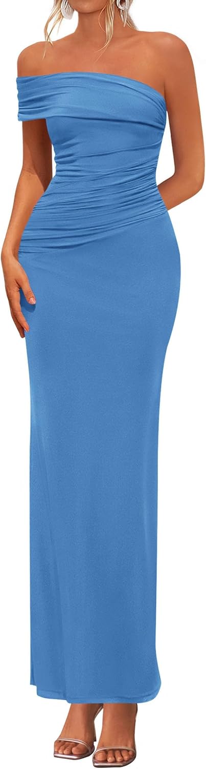 One-Shoulder Ruched Bodycon Maxi Dress in Blue
