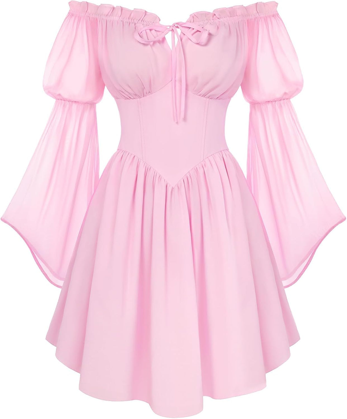 Off-Shoulder Bell-Sleeve Renaissance Dress with Pockets in Light Pink