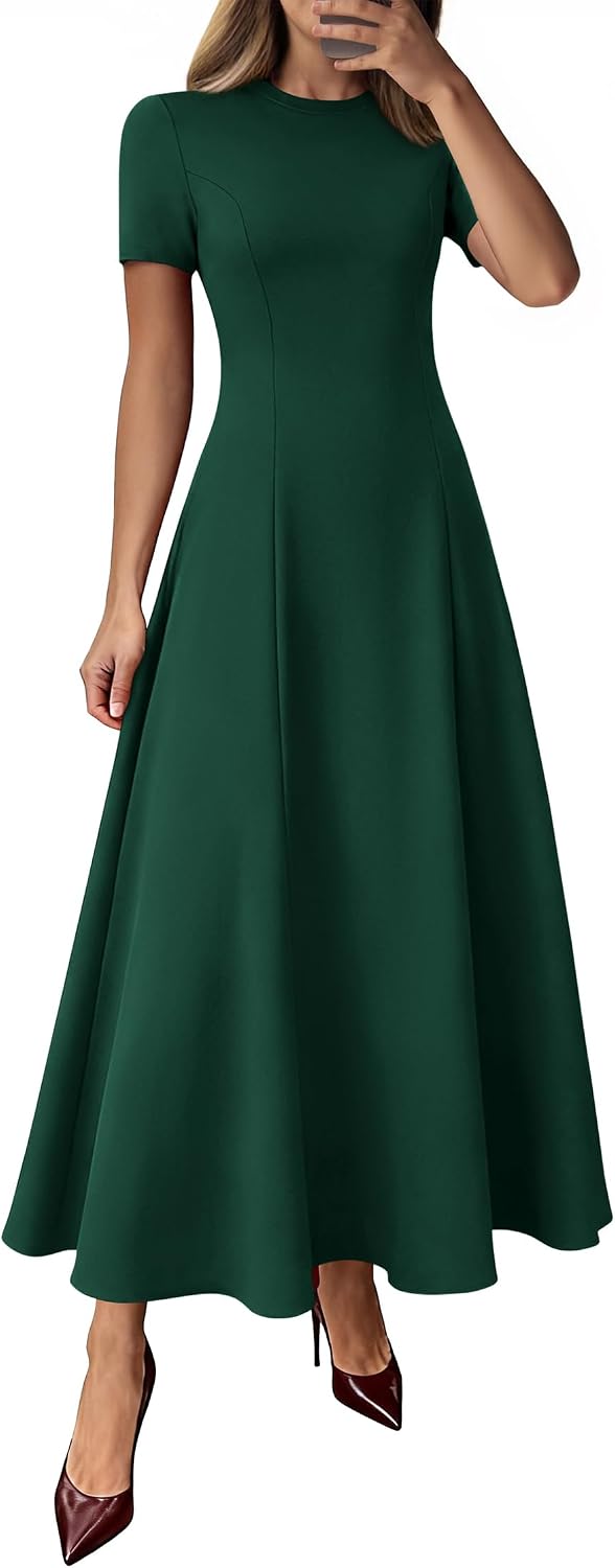 Crew-Neck Pleated Short-Sleeve Maxi Dress in Dark Green