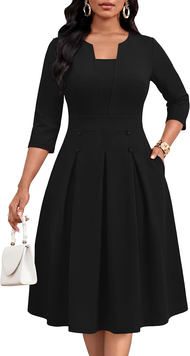 Three-Quarter-Sleeve Fit-and-Flare Midi Dress with Pockets in Black