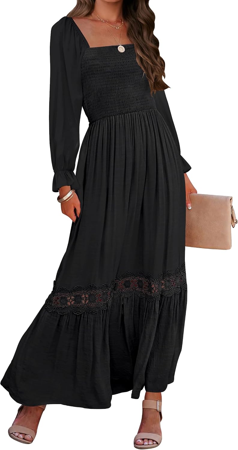 Smocked Square-Neck Long-Sleeve Maxi Dress in Black