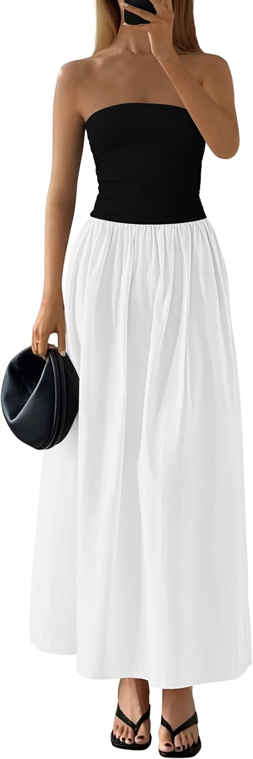 Strapless Tube A-Line Maxi Dress in Black White