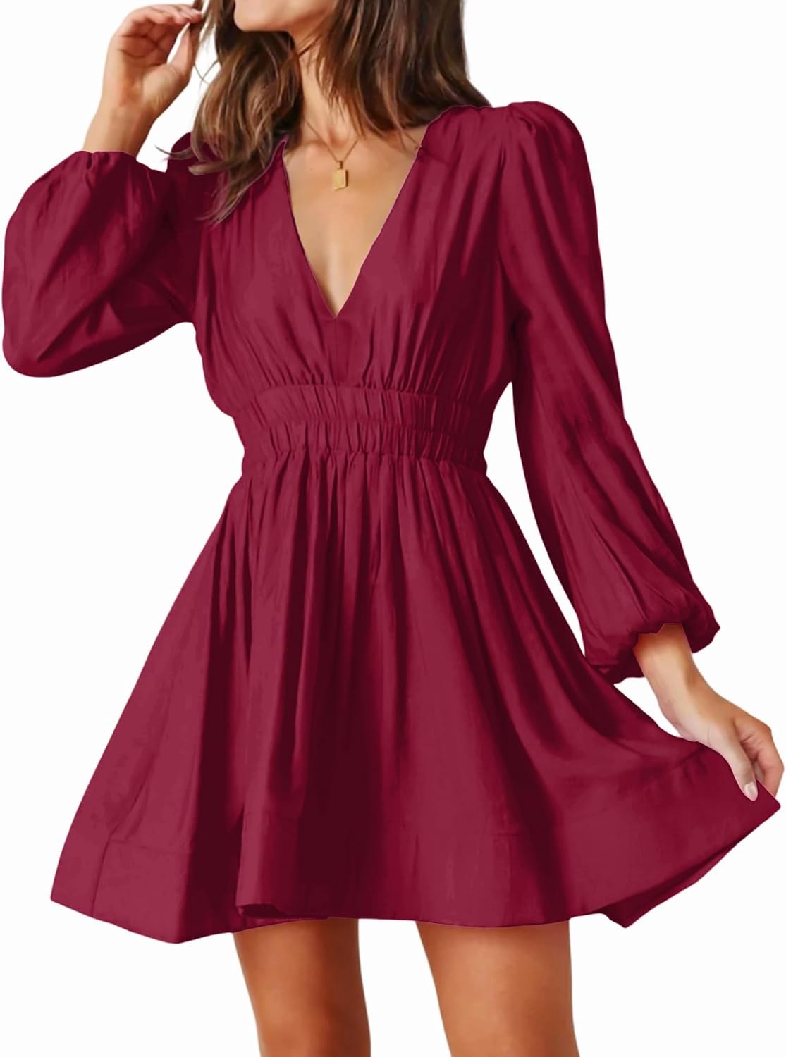 Deep-V Long-Sleeve A-Line Mini Dress in Burgundy