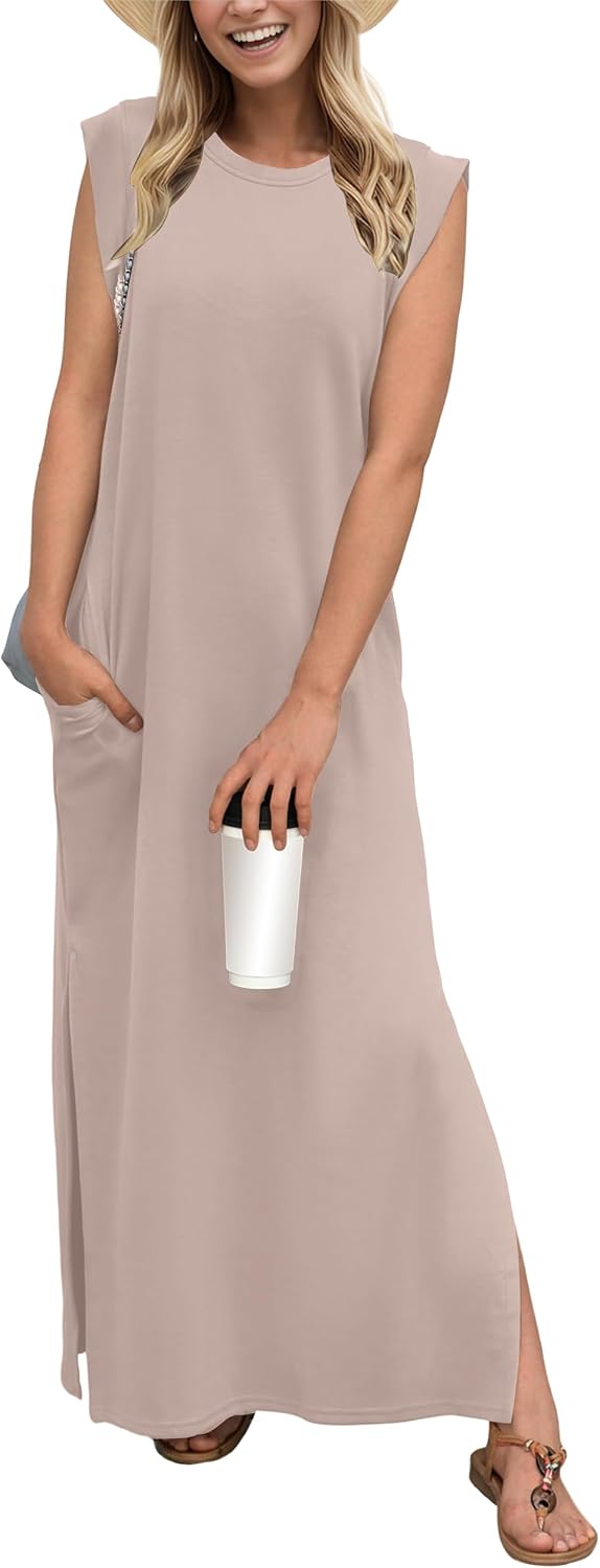 Crew-Neck Loose Maxi Dress with Side Slits and Pockets in Rose Brown