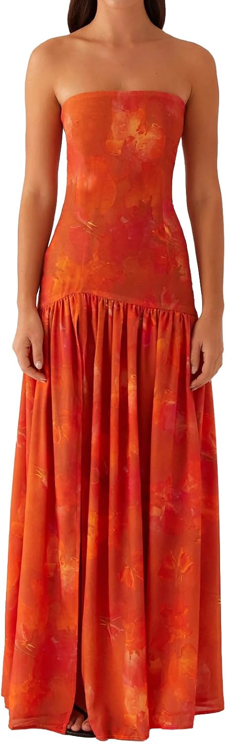 Tiger-Stripe Mesh Strapless Maxi Dress with Slit in Red Floral