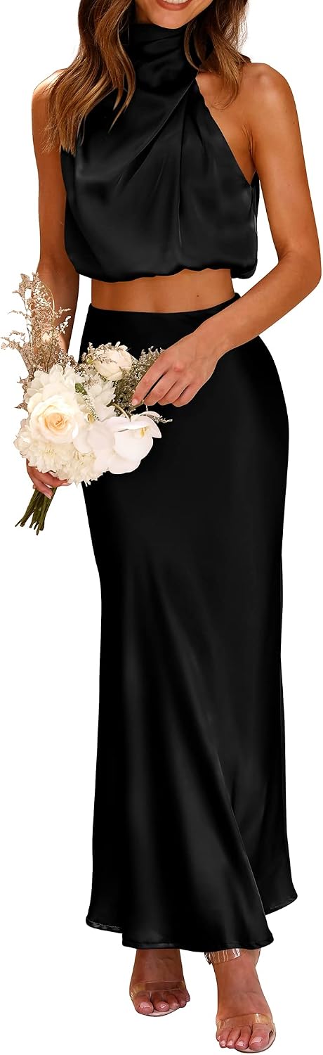 Satin Mock-Neck Crop Top and Maxi Skirt Set in Black