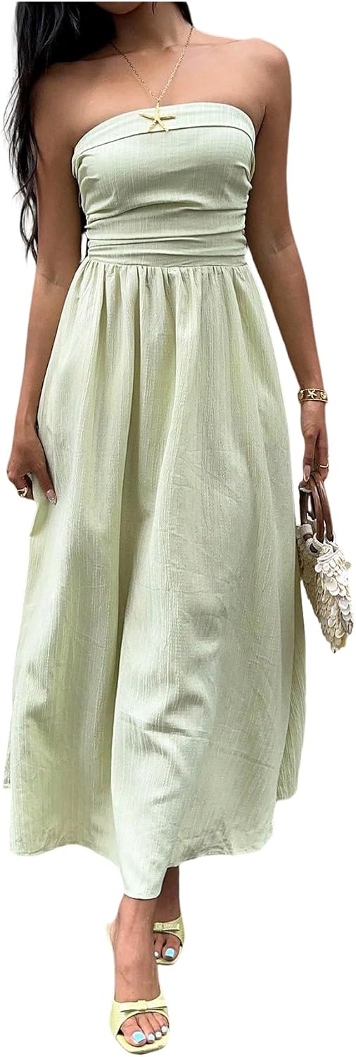 Striped Strapless A-Line Maxi Dress with Pockets in Mint Green