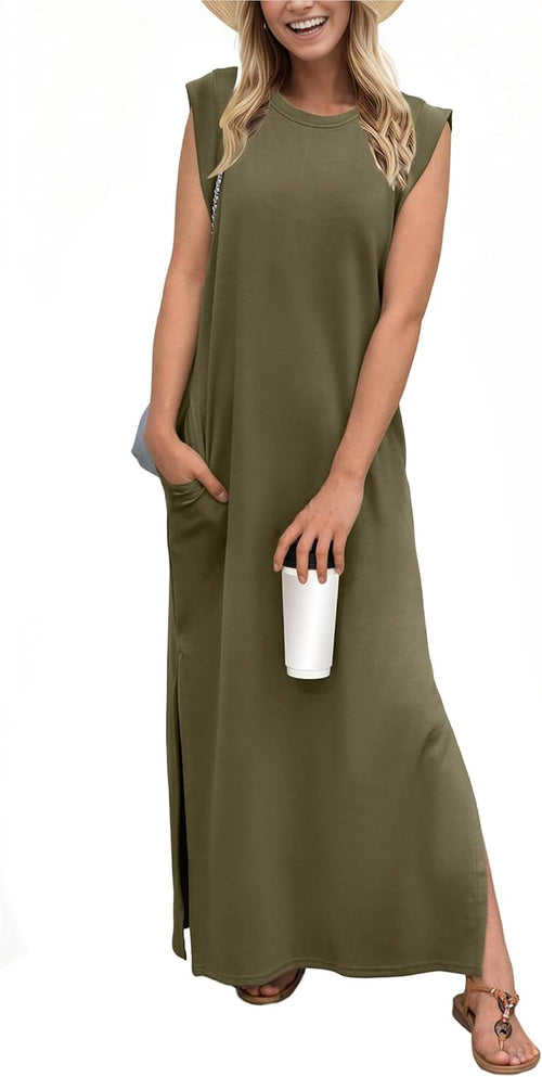 Crew-Neck Loose Maxi Dress with Side Slits and Pockets in Army Green