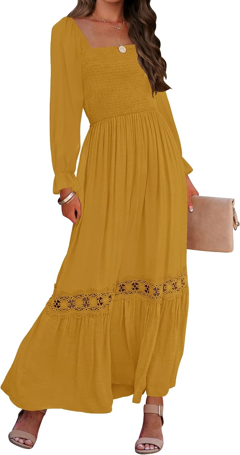 Smocked Square-Neck Long-Sleeve Maxi Dress in Ginger