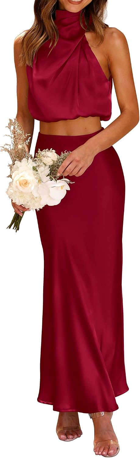 Satin Mock-Neck Crop Top and Maxi Skirt Set in Deep Red