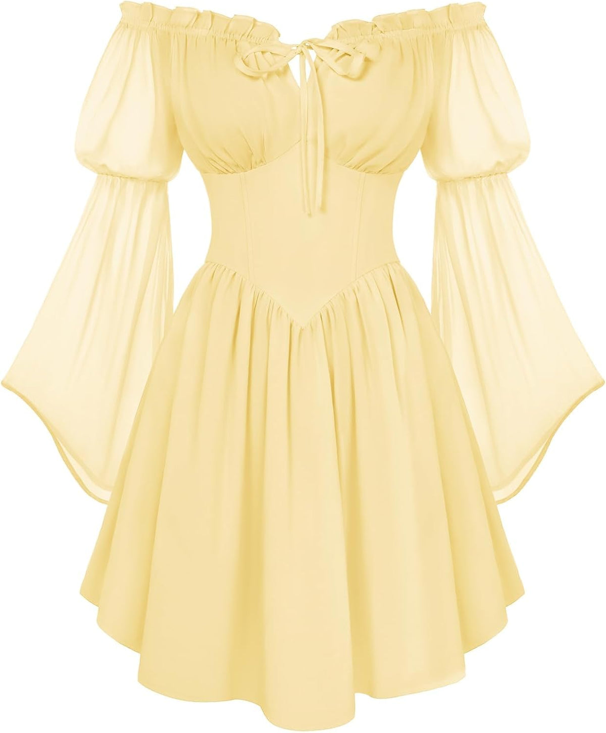 Off-Shoulder Bell-Sleeve Renaissance Dress with Pockets in Light Yellow
