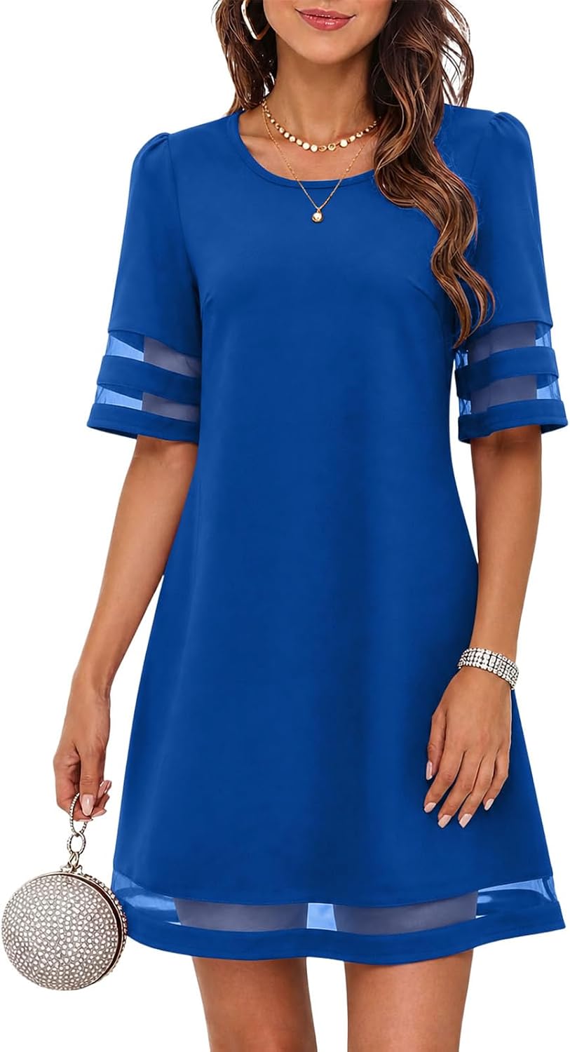 Flowy A-Line Knee-Length Dress with Mesh Trim in Royal Blue