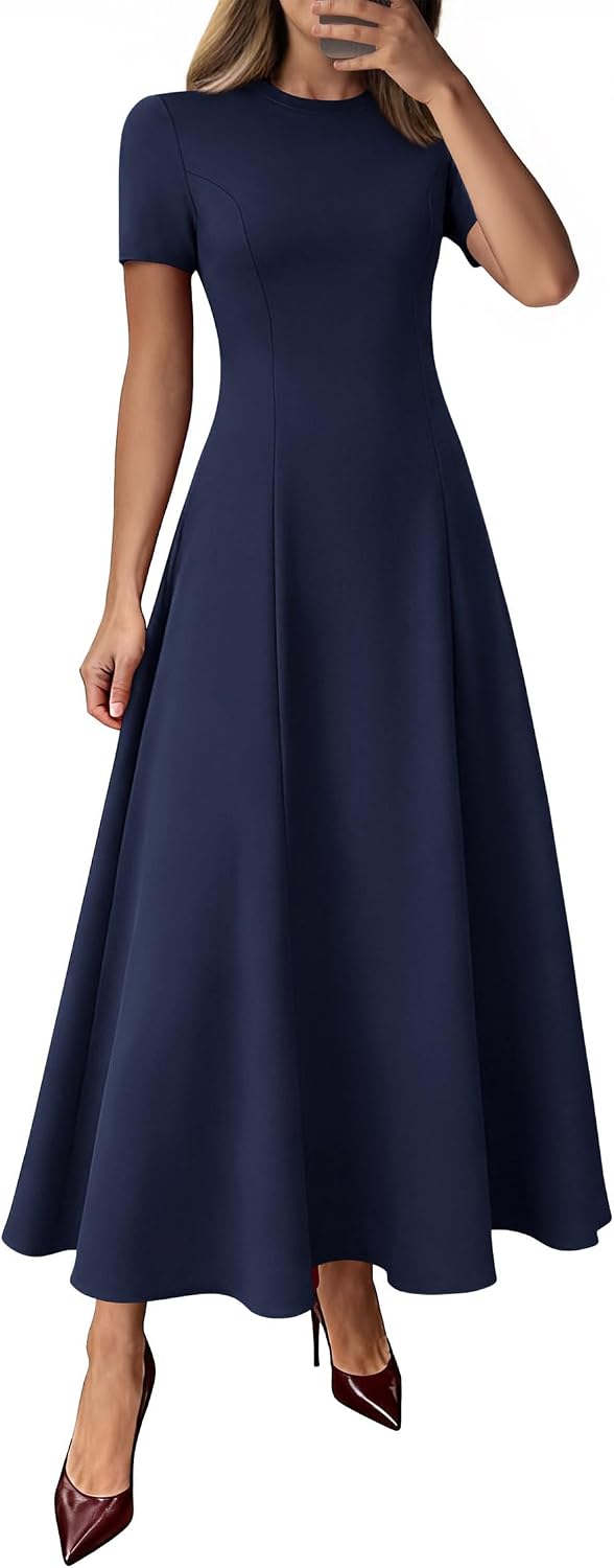 Crew-Neck Pleated Short-Sleeve Maxi Dress in Navy Blue