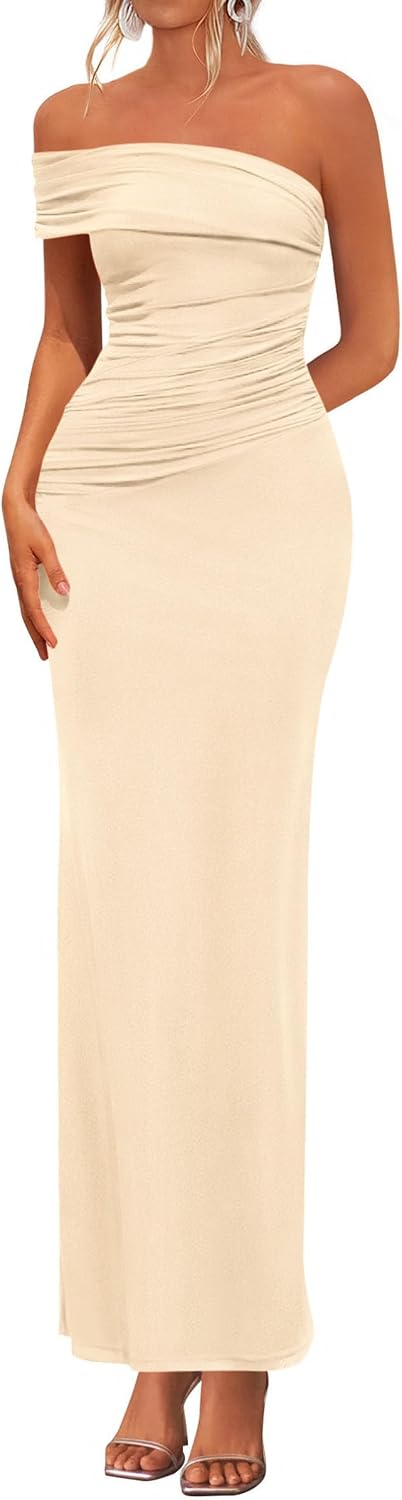 One-Shoulder Ruched Bodycon Maxi Dress in Beige