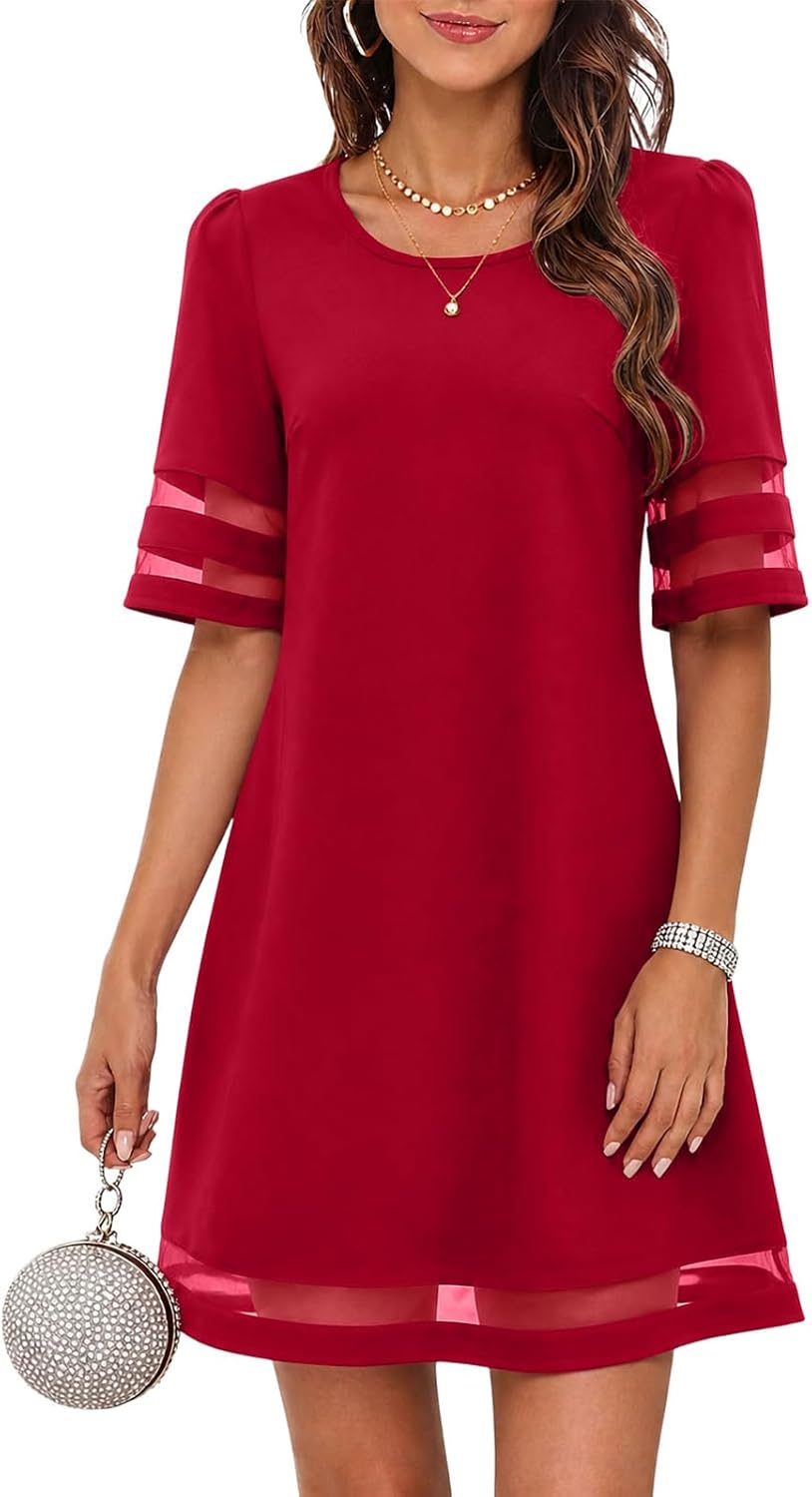 Flowy A-Line Knee-Length Dress with Mesh Trim in Red