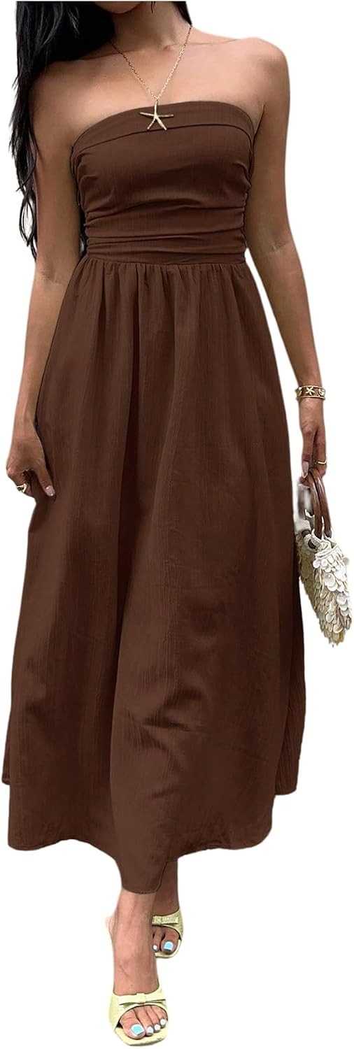 Striped Strapless A-Line Maxi Dress with Pockets in Coffee Brown