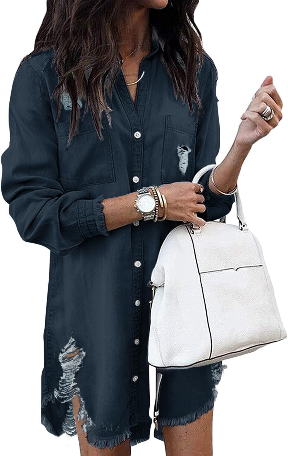 Long-Sleeve Button-Down Denim Shirt Dress with Fringe Hem in Ripped Dark Blue