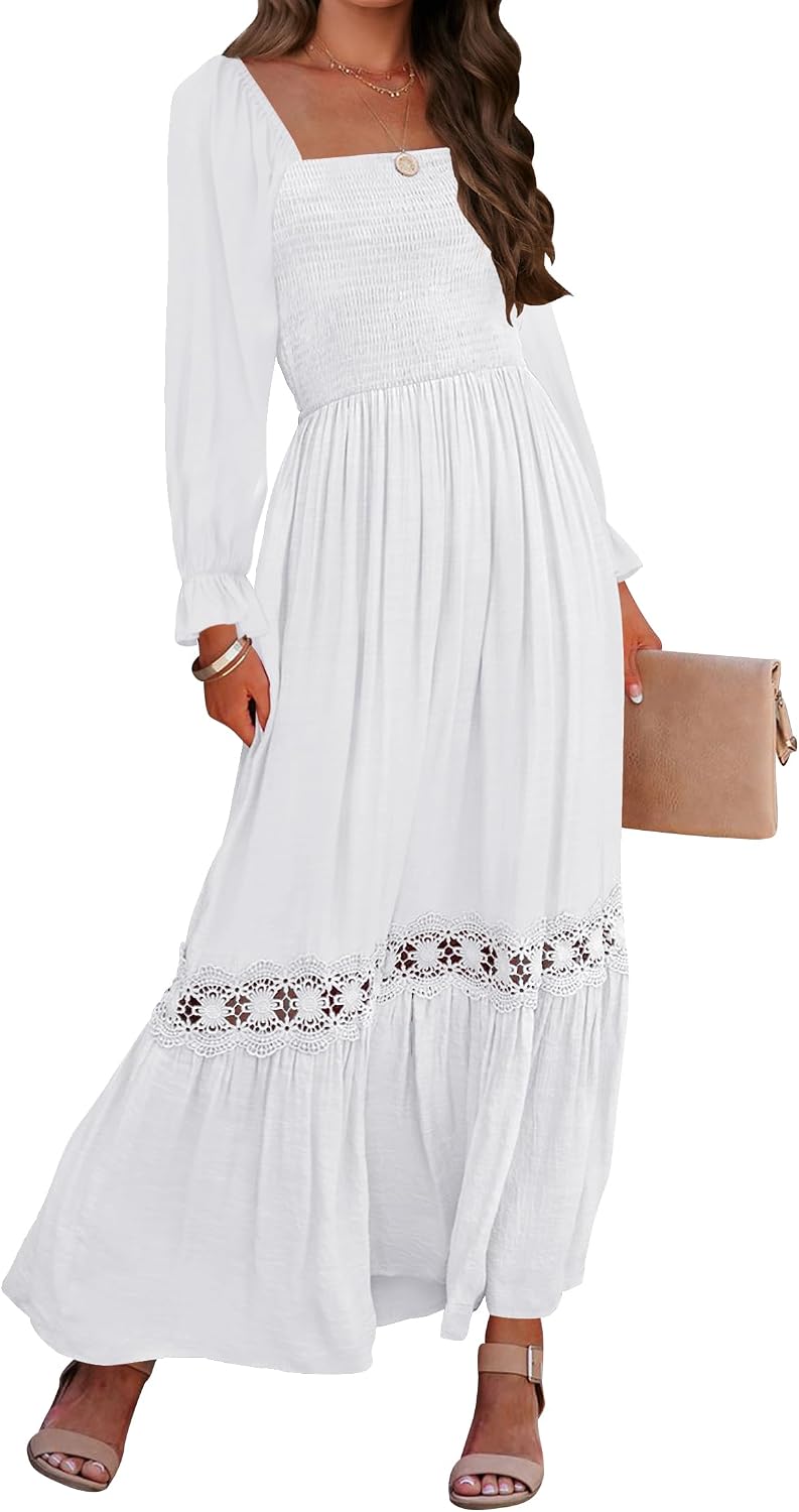 Smocked Square-Neck Long-Sleeve Maxi Dress in White