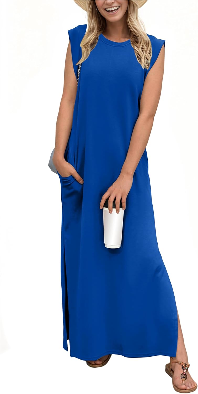 Crew-Neck Loose Maxi Dress with Side Slits and Pockets in Royal Blue