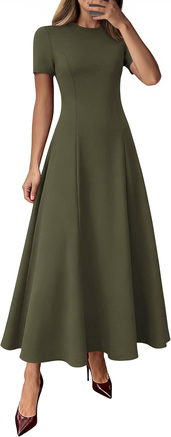 Crew-Neck Pleated Short-Sleeve Maxi Dress in Army Green