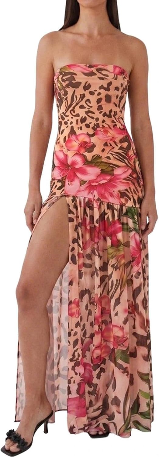Tiger-Stripe Mesh Strapless Maxi Dress with Slit in Pink
