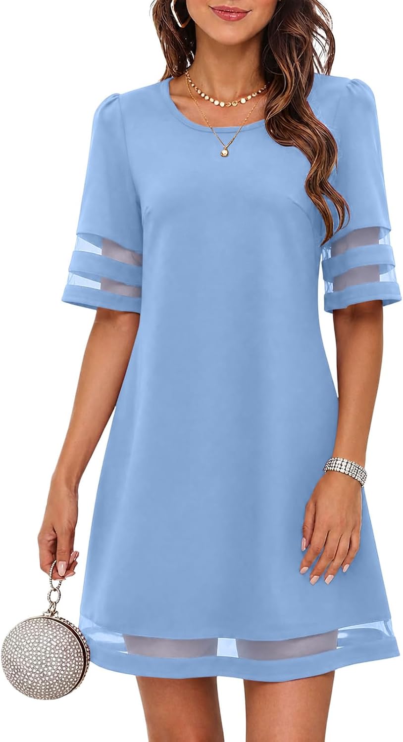 Flowy A-Line Knee-Length Dress with Mesh Trim in Light Blue