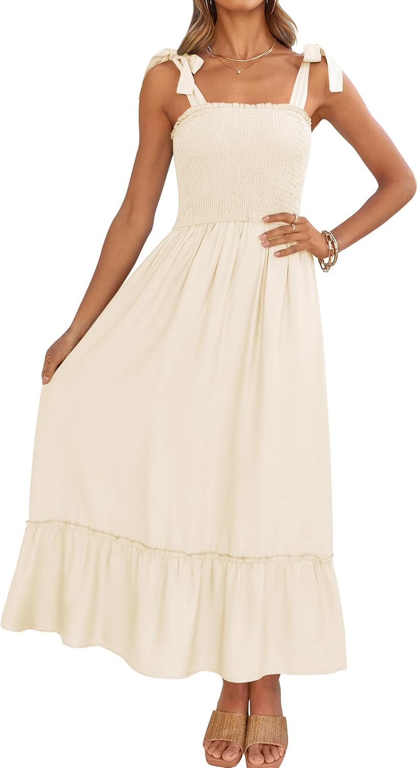 Ruffled Spaghetti-Strap Square-Neck Maxi Dress in Apricot