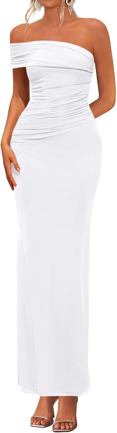 One-Shoulder Ruched Bodycon Maxi Dress in White
