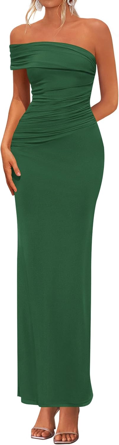 One-Shoulder Ruched Bodycon Maxi Dress in Green