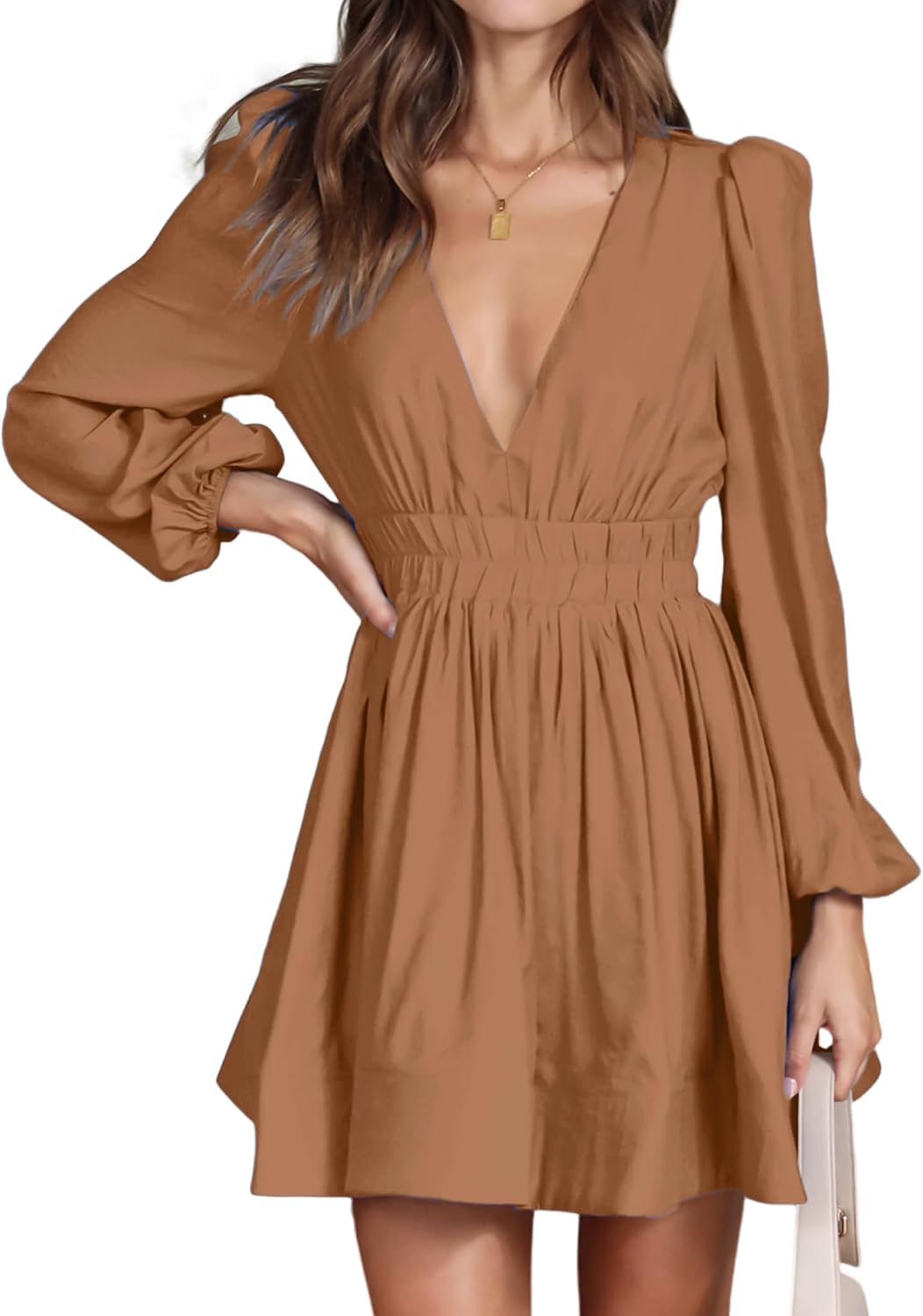 Deep-V Long-Sleeve A-Line Mini Dress in Tan