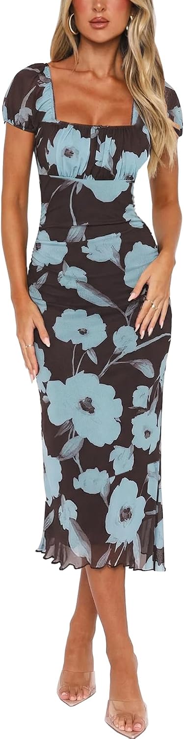 Floral Square-Neck Ruched Mesh Midi Dress in Purple Blue Floral