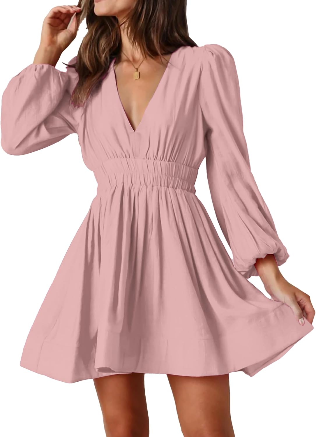 Deep-V Long-Sleeve A-Line Mini Dress in Pink