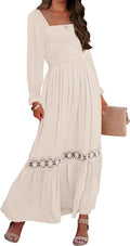 Smocked Square-Neck Long-Sleeve Maxi Dress in Apricot
