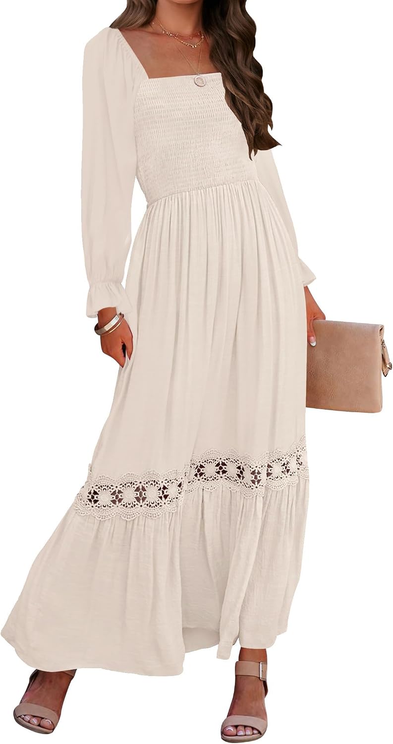 Smocked Square-Neck Long-Sleeve Maxi Dress in Apricot
