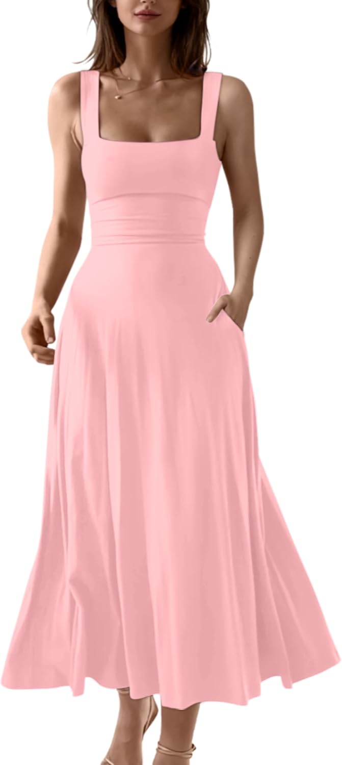 Square-Neck Corset A-Line Maxi Dress with Pockets in Pink