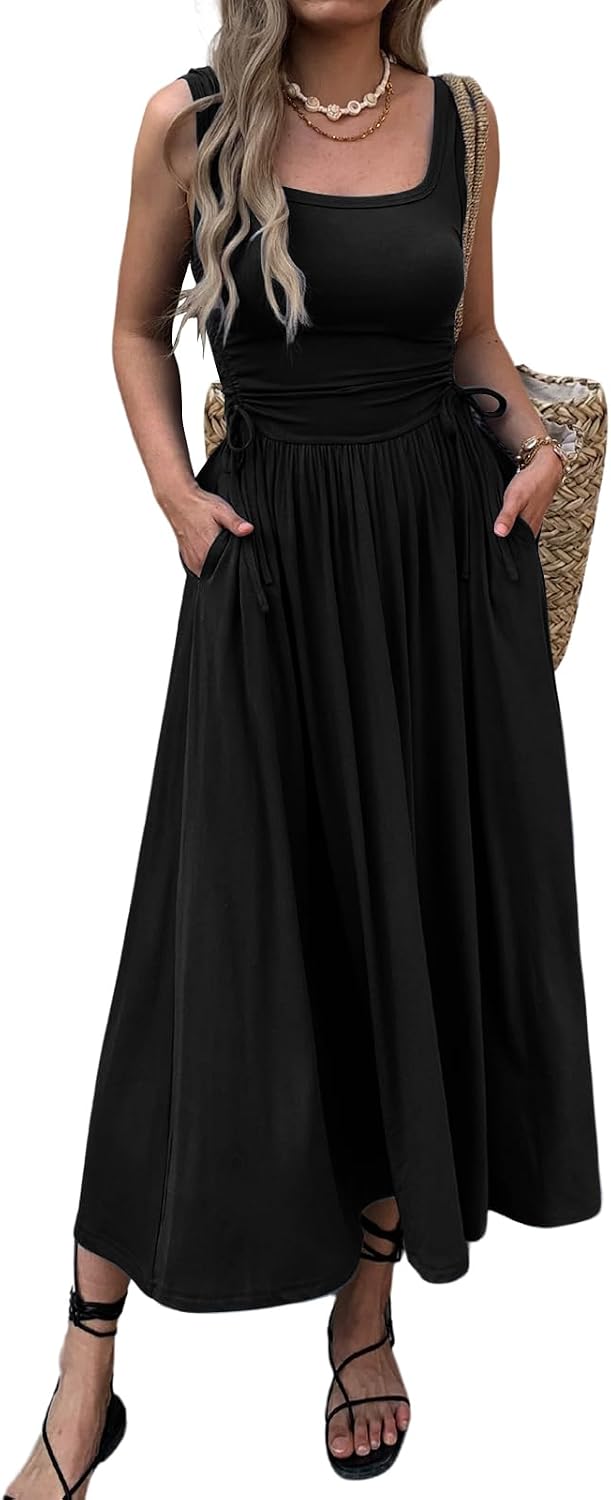 Ruched Adjustable-Waist Sleeveless Maxi Dress with Pockets in Black