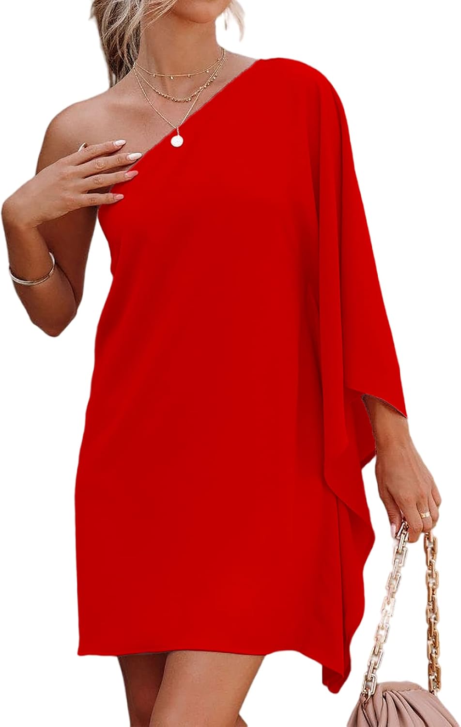 One-Shoulder Batwing-Sleeve Short Cocktail Dress in Red
