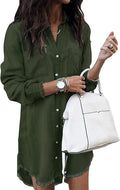 Long-Sleeve Button-Down Denim Shirt Dress with Fringe Hem in Army Green
