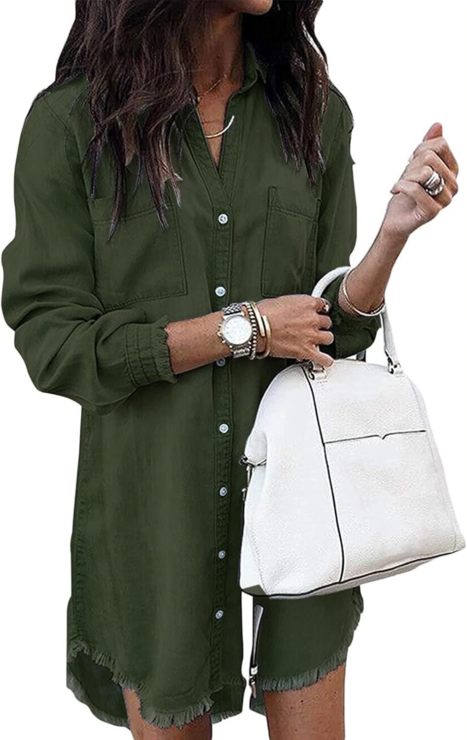 Long-Sleeve Button-Down Denim Shirt Dress with Fringe Hem in Army Green