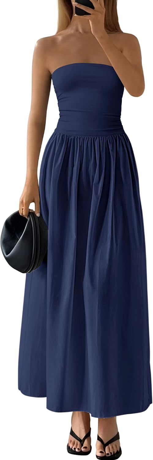 Strapless Tube A-Line Maxi Dress in Navy