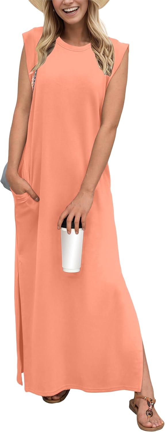 Crew-Neck Loose Maxi Dress with Side Slits and Pockets in Light Orange