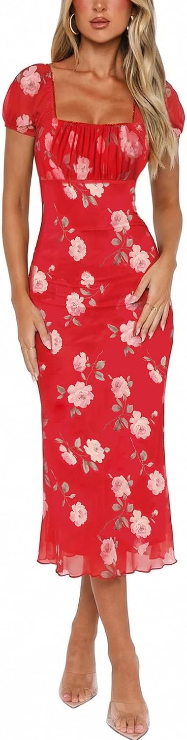 Floral Square-Neck Ruched Mesh Midi Dress in Red Pink Floral
