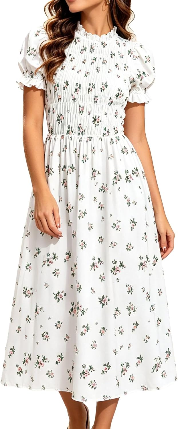 Gingham Puff-Sleeve Smocked Midi Dress in Off-white